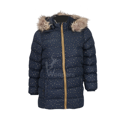 Kids Padded Puffer Dot Print Outdoor Insulated Jackets With Fake Fur Hood