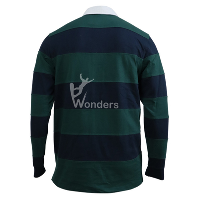 Long Sleeve Polo Royal Green Striped Rugby Shirt Men's 100% Cotton
