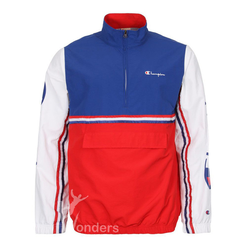Mens Red White Blue Windbreaker Jacket Reverse Weave Half Zip Coat